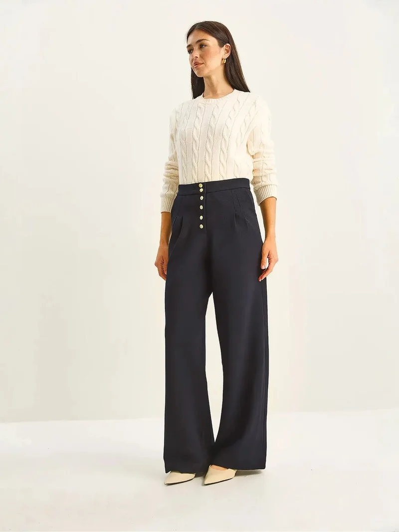 Bianco Lucci Navy Blue LUCCI High Waist Wide Leg Palazzo Pants for Women | Best Price UAE